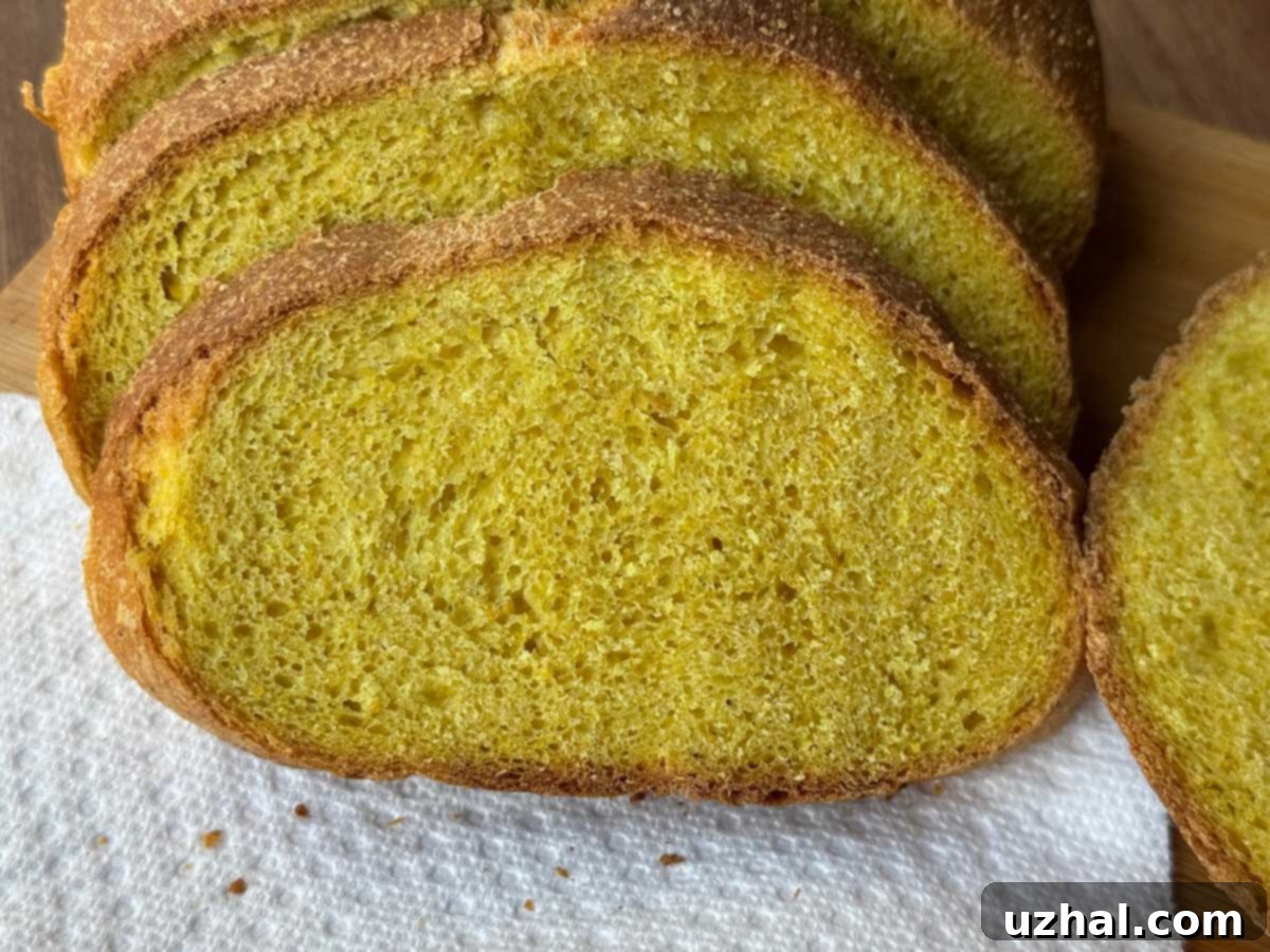 Sliced chewy yeasted corn flour bread revealing its bright yellow interior and crisp crust.