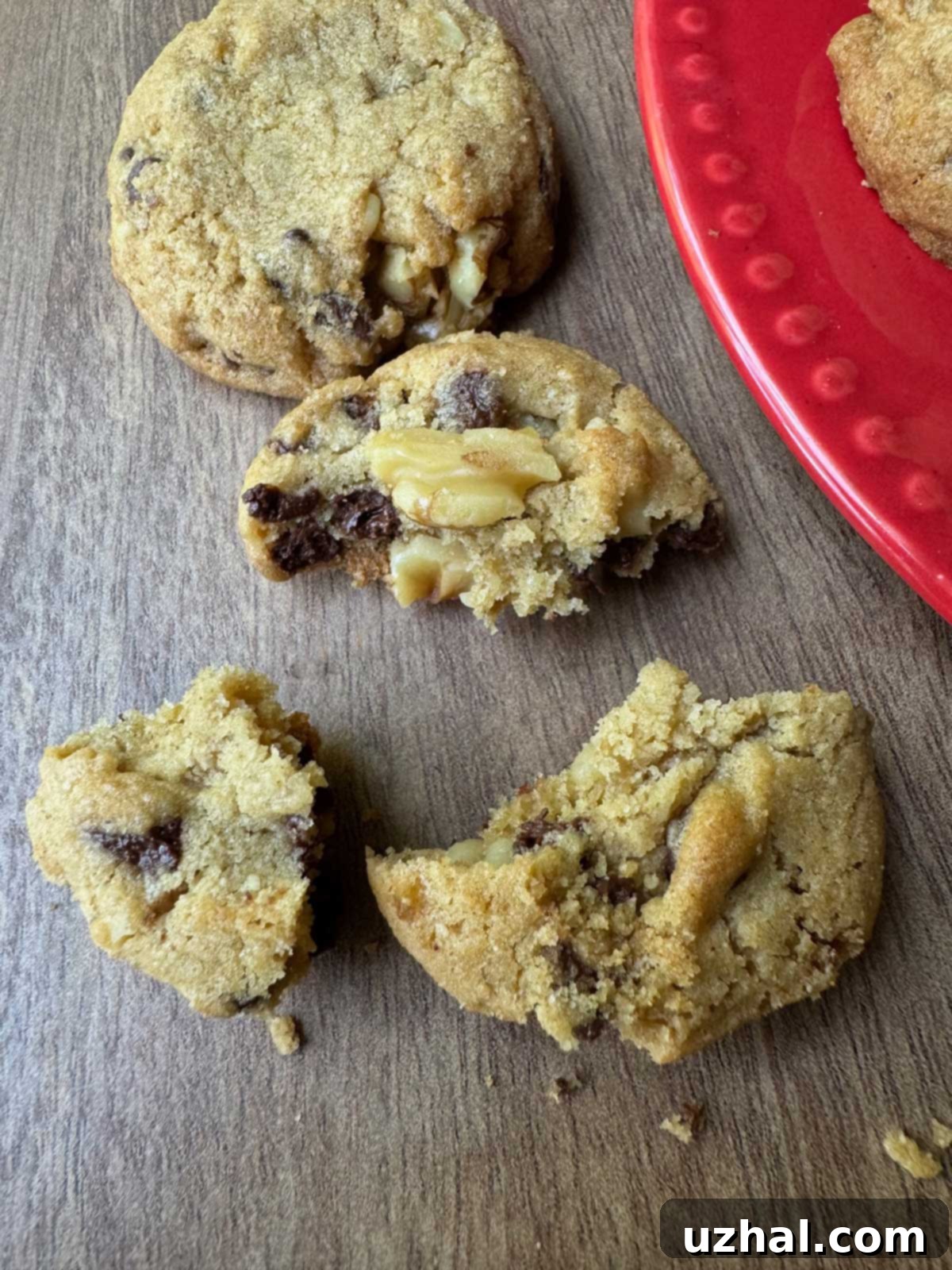 Heavenly Brown Butter Oatmeal Chocolate Chip 6 Brown Butter Oatmeal Chocolate Chip Cookies broken to show crunchiness and texture.