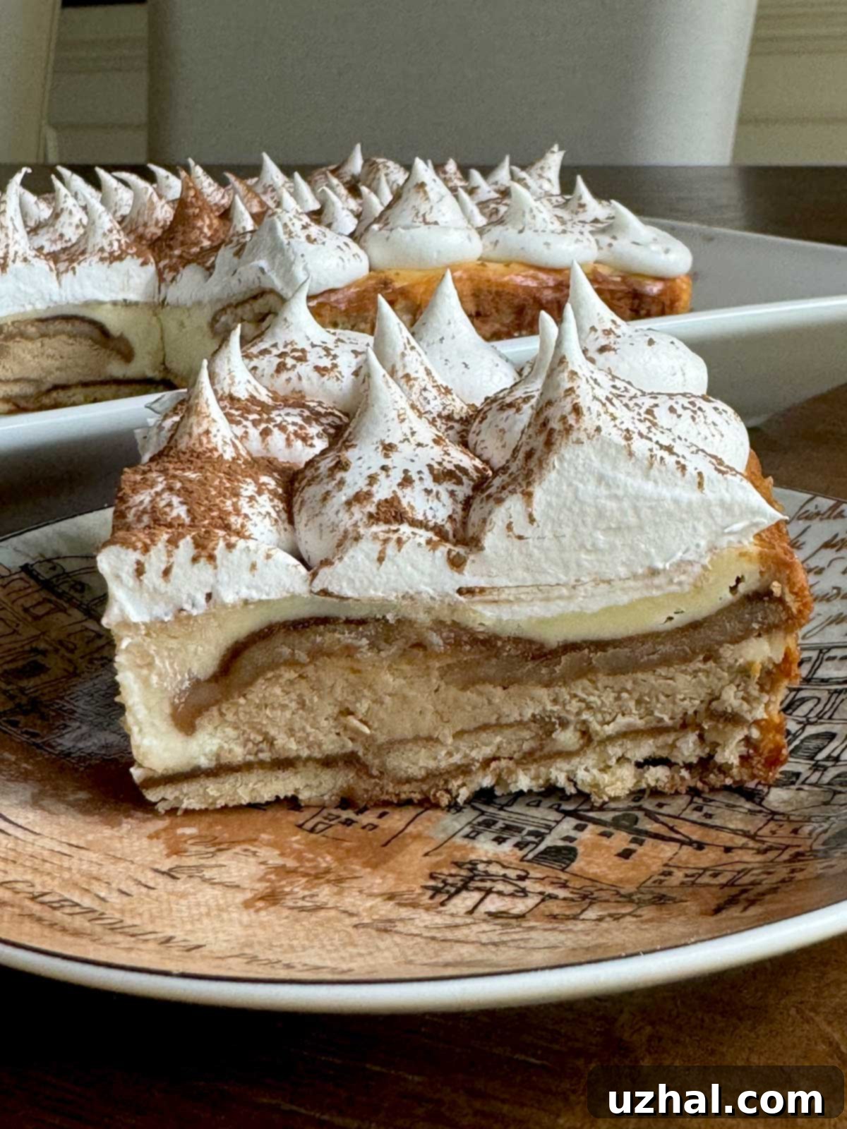 Slice of Tiramisu Cheesecake using a 9x13 inch pan cheesecake recipe, showing distinct layers of coffee-soaked Nilla Wafers and creamy coffee and vanilla cheesecake fillings.