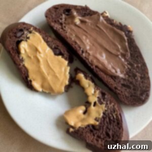 Low Carb Chocolate Bread spread with peanut butter and Nutella