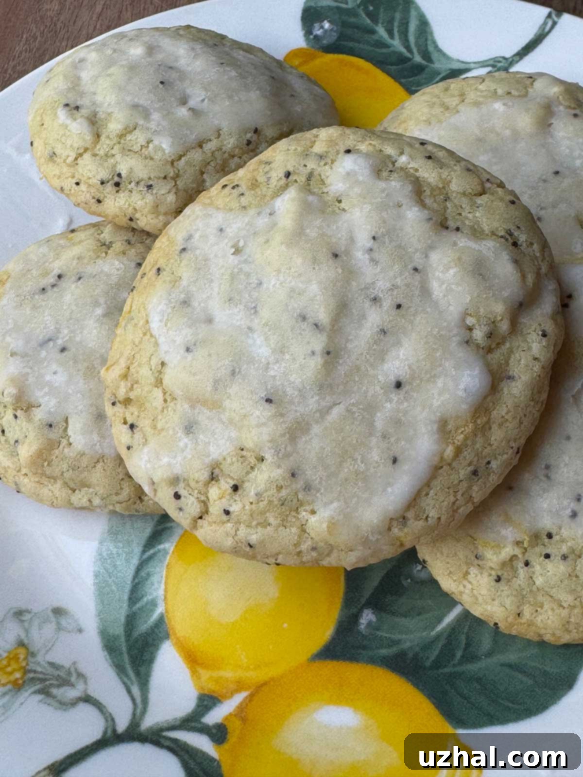 Close-up of vibrant gluten-free lemon poppy seed rice flour cookies, featuring a delicate crumb and bright citrus notes from lemon zest and extract.