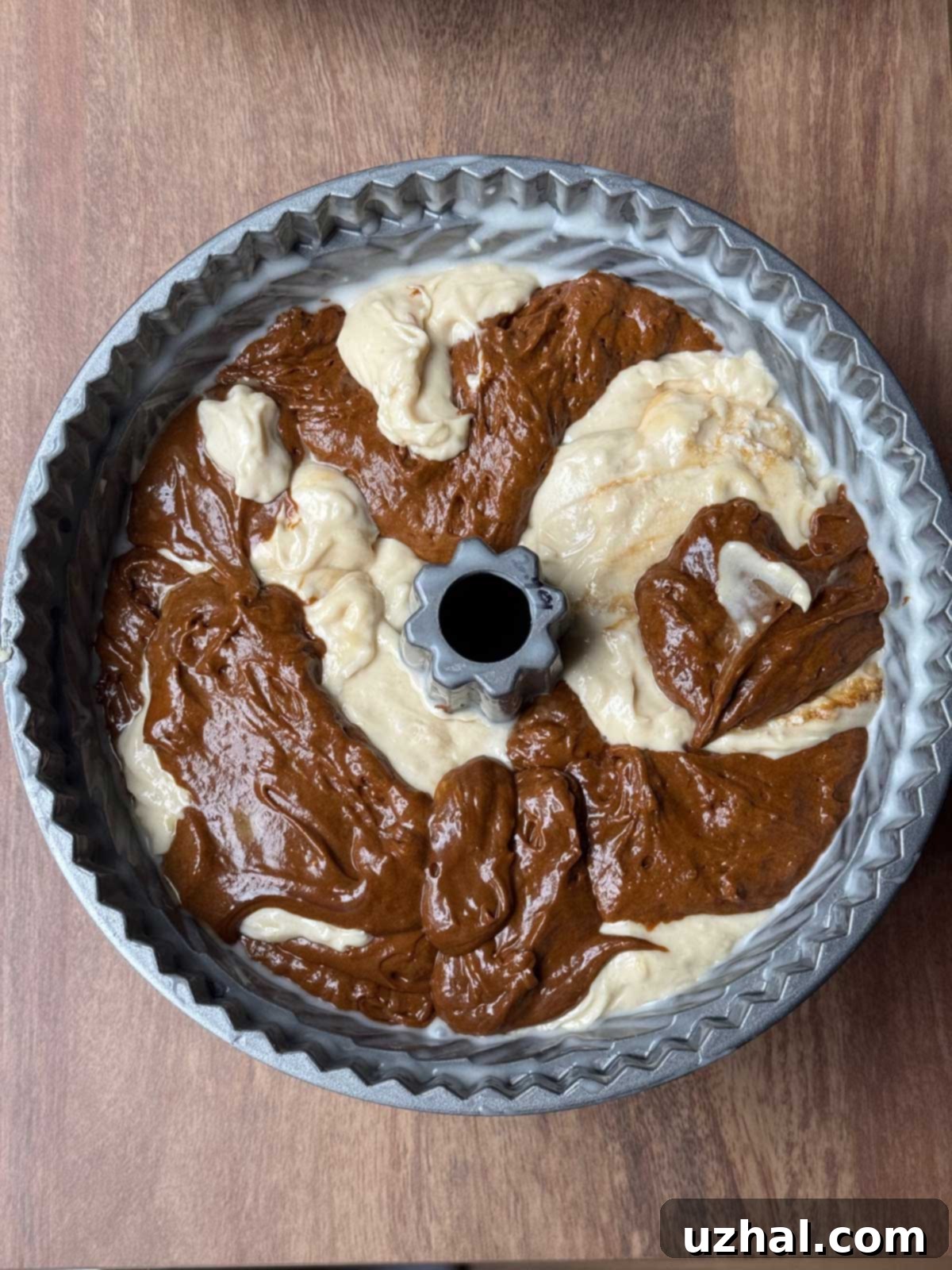 Bavaria pan with homemade cake goop meticulously brushed all over its sides, ready for batter.