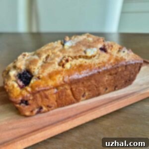 Blackberry Quick Bread baked in a Pampered Chef stoneware loaf pan, featuring a shiny, golden-brown top.