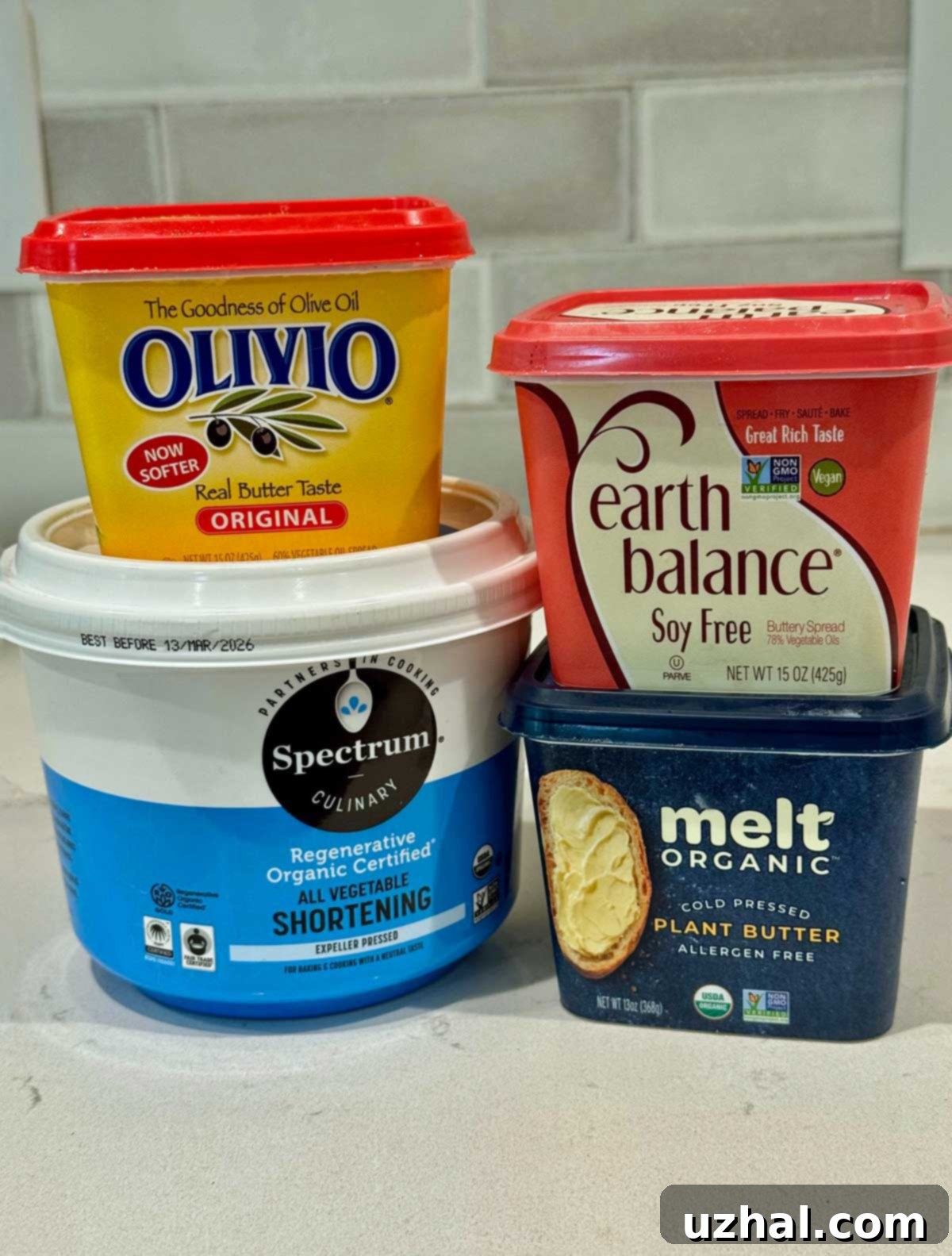 Various brands of vegan tub spreads, including Olivio, Earth Balance, Spectrum, and Melt, neatly arranged for ingredient selection.
