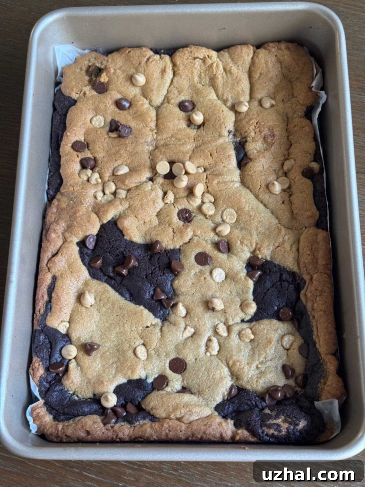 Freshly baked Peanut Butter Brookies cooling in a 13x9 inch baking pan, showcasing the delicious combination of peanut butter cookie and fudgy brownie layers.