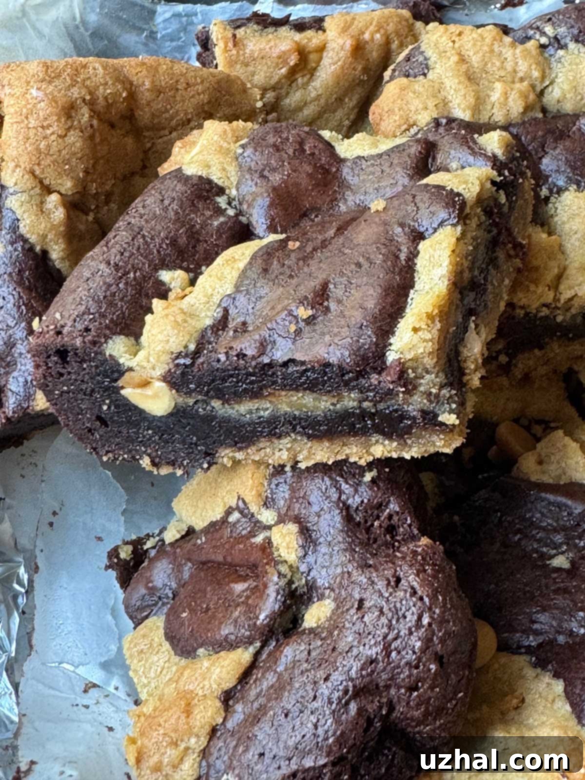Decadent Peanut Butter Brookies 3 Close-up of perfectly sliced Peanut Butter Brookies, revealing distinct layers of soft peanut butter cookie and rich, fudgy brownie, ready to be enjoyed.