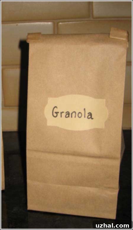 a simple tin-tie bag filled with homemade maple glazed walnut and cranberry granola, ready for storage or gifting
