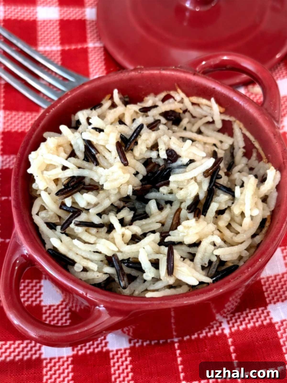 Baked Wild Rice For One in an individual size lidded pot