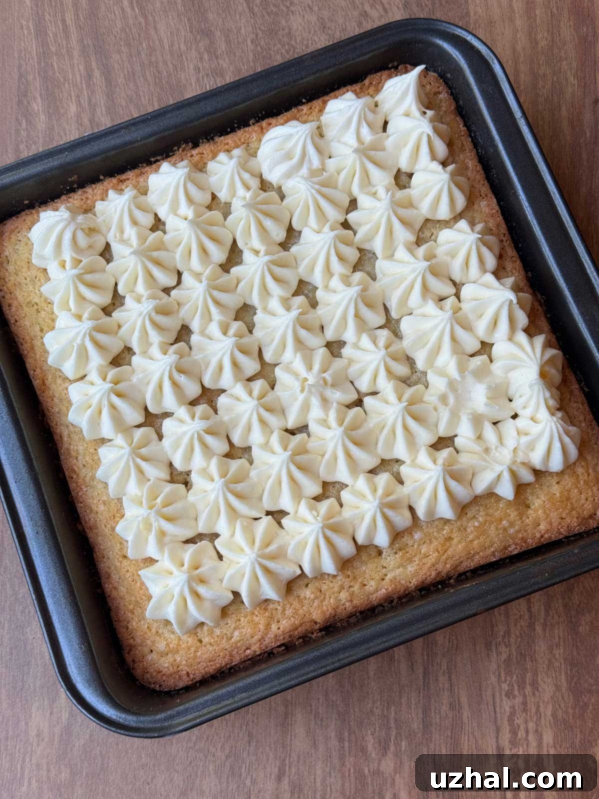Key lime cake baked in an 8-inch square pan with cream cheese frosting piped on top.