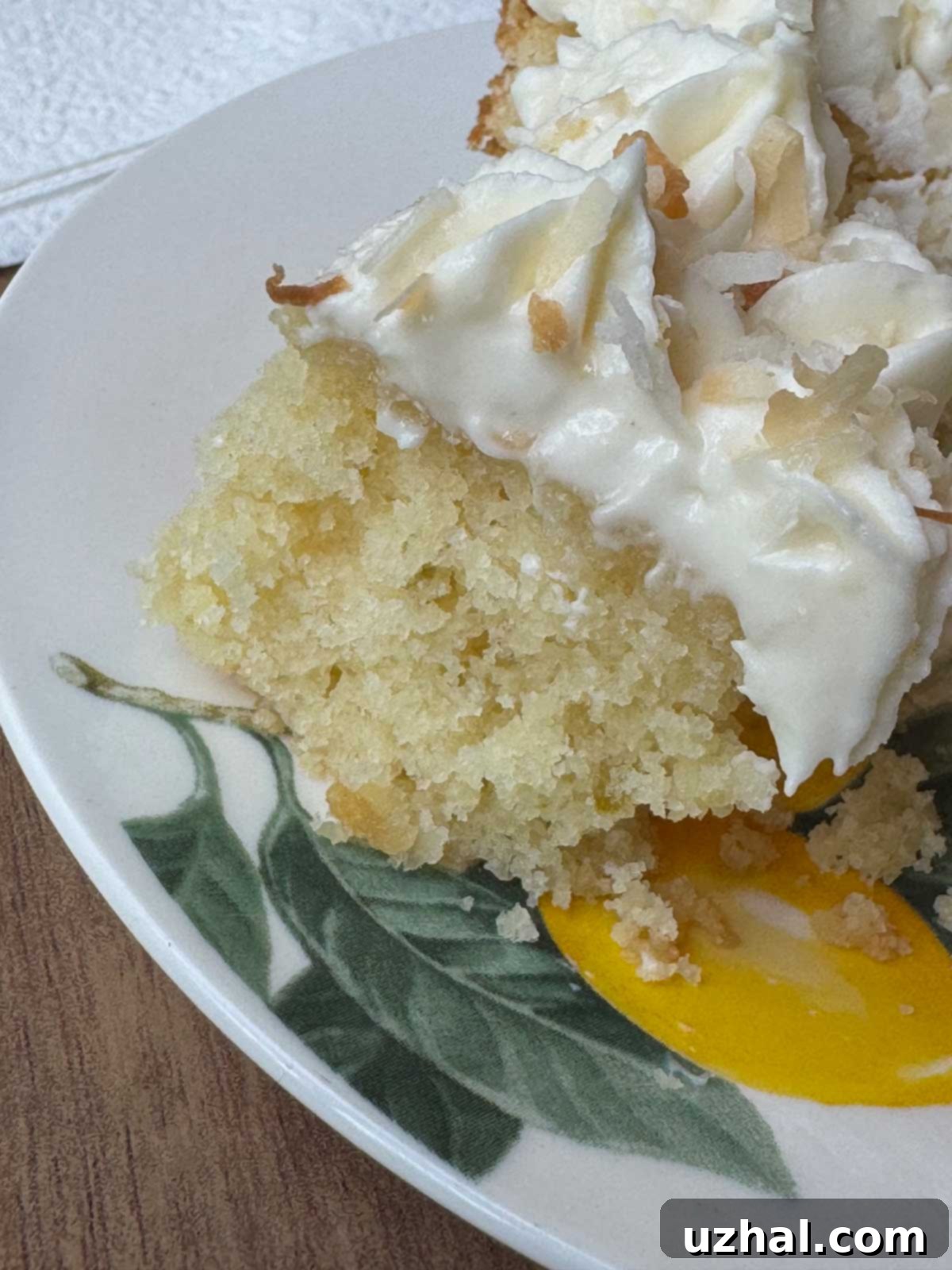 Moist texture of a Key lime cake with cream cheese frosting.