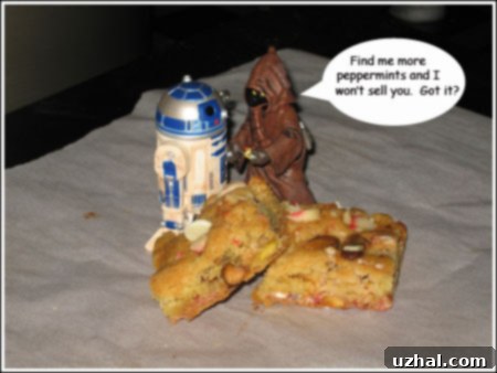 Festive White Chocolate Peppermint Pistachio Bars displayed with charming Star Wars Christmas ornaments, ready for the holidays.