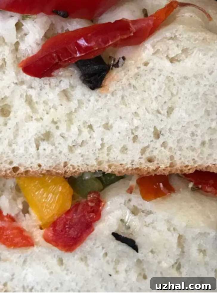 Close-up of fluffy focaccia texture with toppings