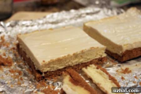 Baked cheesecake cooling in a loaf pan, showing a smooth, golden-brown top, ready for slicing.