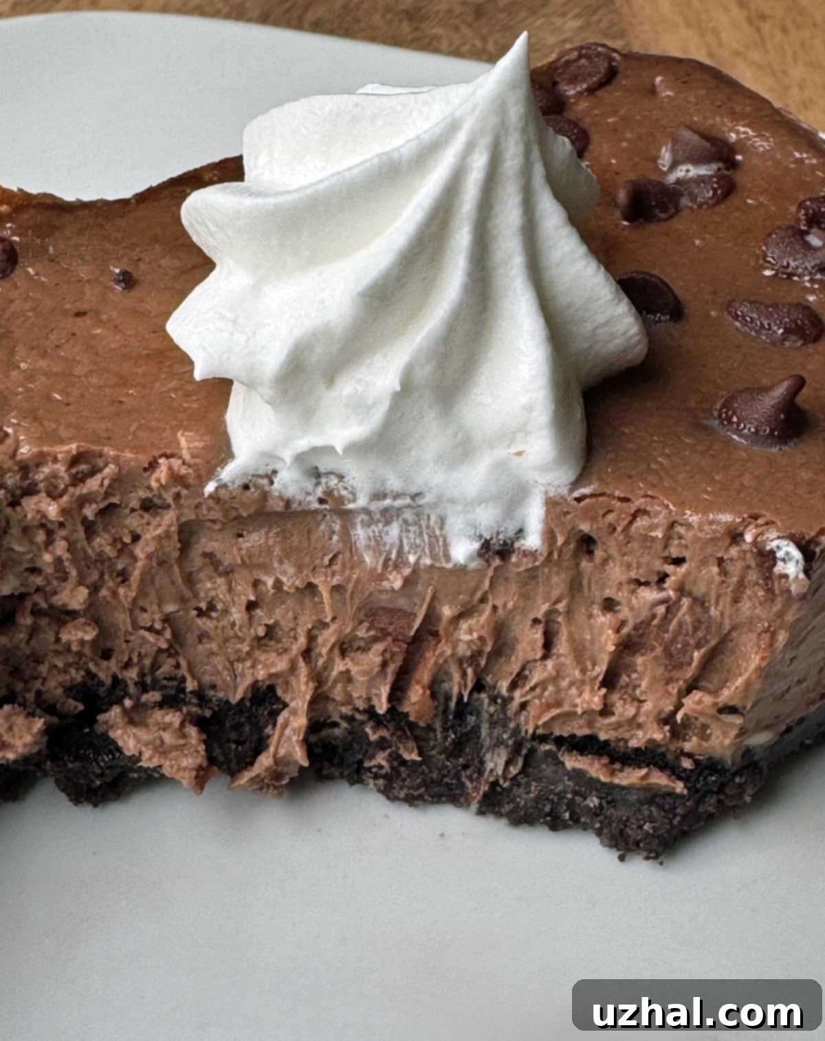 A chocolate cheesecake square with an Oreo crust cut to show texture, showcasing its rich, dark chocolate color and creamy filling on a white plate with a fork.