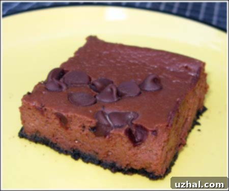 A close-up of a perfectly cut chocolate cheesecake square, showing its smooth, creamy texture and dark Oreo crust.