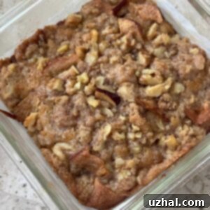 Easy Apple Streusel Coffee Cake recipe for an apple cake baked in an 8-inch square glass dish.