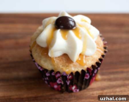 White Chocolate Caramel Cupcakes made with coffee creamer and cake mix, garnished with caramel sauce and chocolate covered coffee beans.