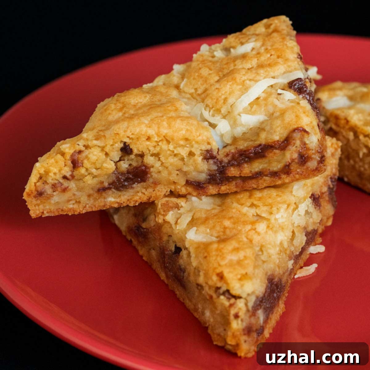 A tray of freshly baked Congo Bars, golden brown and studded with chocolate chips and nuts.