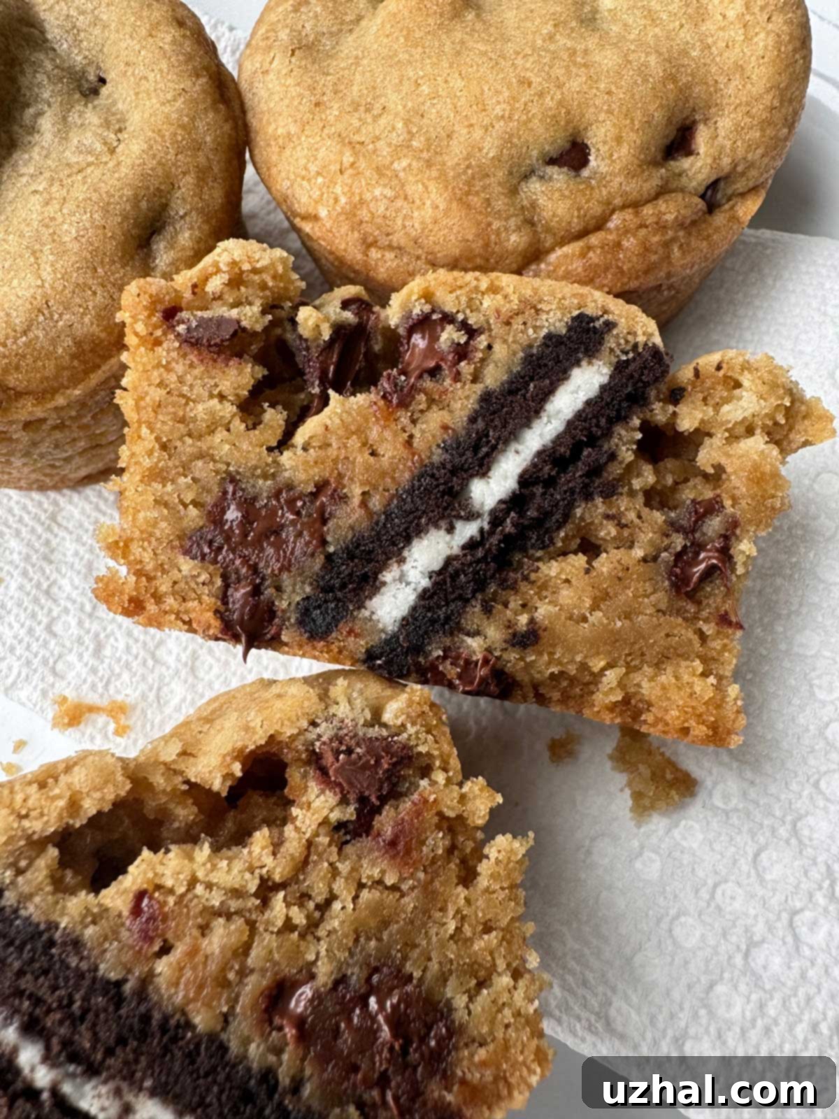 Delicious Oreo Stuffed Chocolate Chip Cookies, muffin shaped, showcasing a golden-brown exterior and a hint of the Oreo inside.