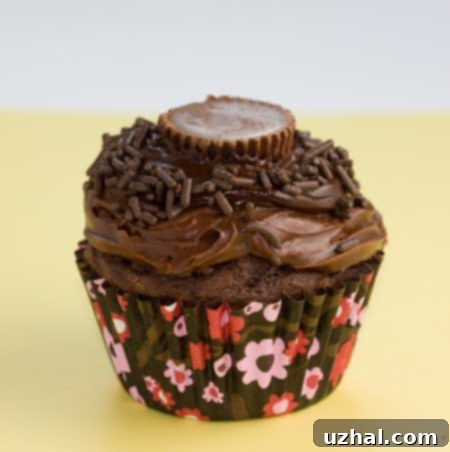 A delicious Chocolate Peanut Butter Cup Cupcake with creamy frosting and a mini Reese's