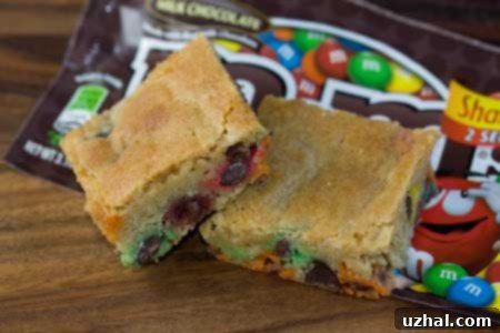 Close-up of baked M&M Bars, showing their chewy texture