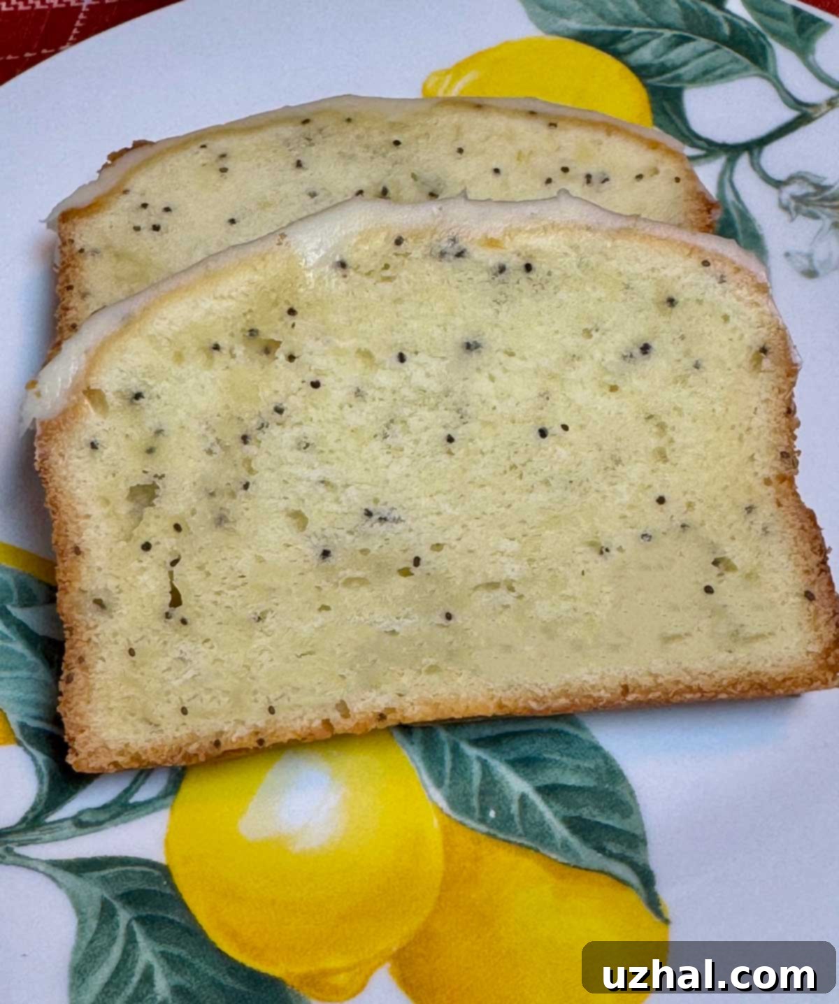 Slice of lemon yogurt pound cake made with Greek yogurt and White Lily flour