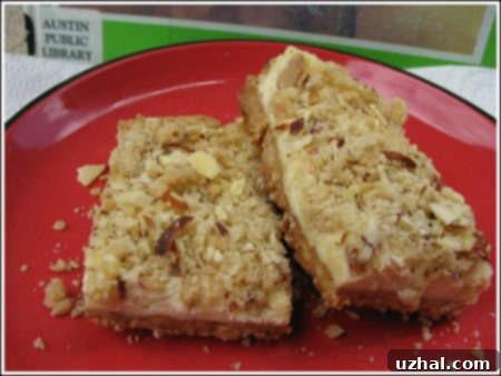 Easy Small Batch Cheesecake Bars 3 Close-up of baked cheesecake bars with a crumb topping, showing the creamy filling and nutty crust.