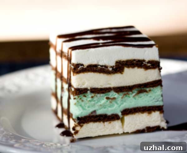 Grasshopper Ice Cream Sandwich Cake, a mint and chocolate layered dessert