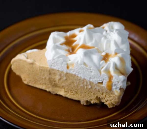 Close-up of a slice of Pumpkin Ice Cream Pie with caramel
