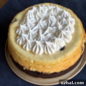 Oreo Cheesecake recipe for a 7-inch or 9-inch pan, showcasing a slice with a creamy filling and cookie crust.
