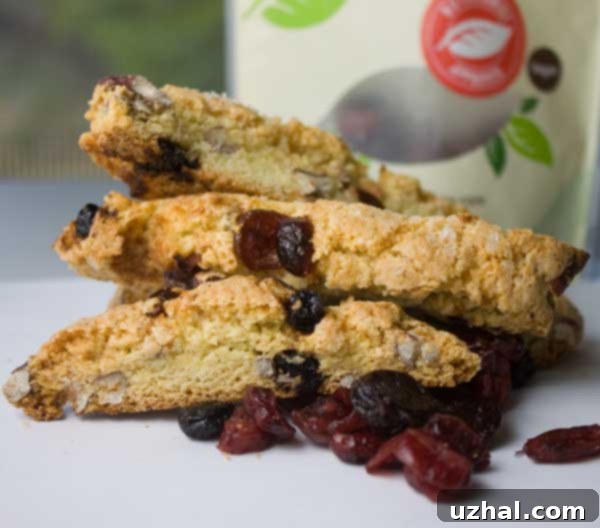 Crunchy Cherry Berry Biscotti, ready for dipping into coffee or tea.