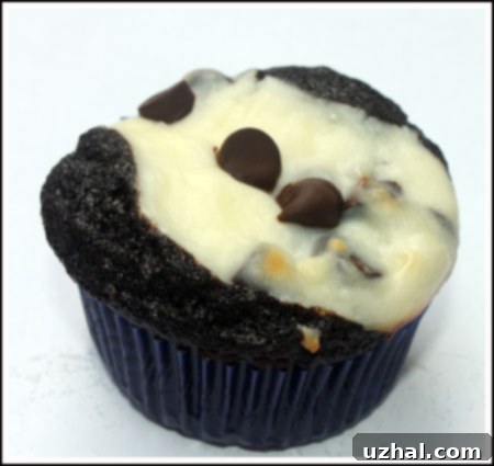 Delicious chocolate cupcakes with a creamy white cream cheese filling, topped with chocolate chips.