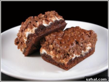 Layered peanut butter marshmallow krispy brownies, featuring a rich base and a gooey, crunchy topping.