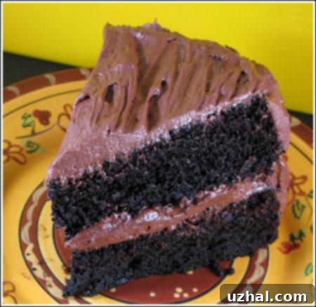 Melissa's Chocolate Cake is an 8-inch two layer cake with a ganache type frosting.