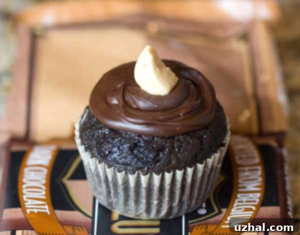 Peanut Butter Filled Cupcake with chocolate ganache and a dab of peanut butter on top.