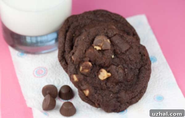 Double Chocolate Peanut Butter Chip Cookies, showcasing a stack of finished cookies.