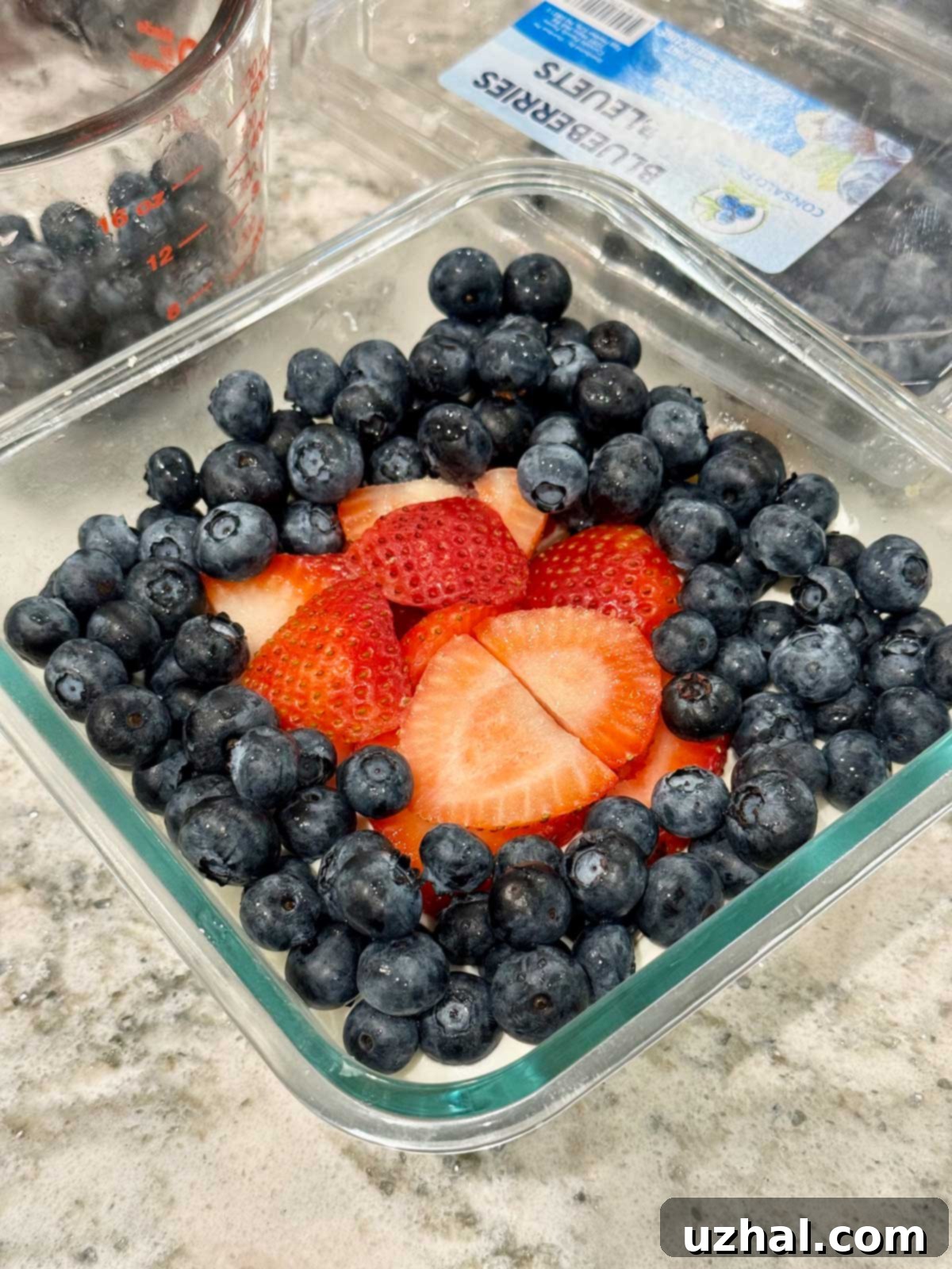 Close-up of Layered Strawberry Dessert with berries arranged around the edge