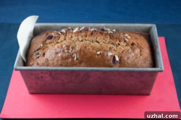 A freshly baked, golden brown loaf of Sweet Potato Quick Bread, topped with toasted pecans, resting on a cooling rack.