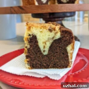 Small Marble Pound Cake slice from a 6-inch Bundt pan, showing perfect marbling.