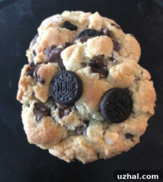 Close-up of freshly baked Oreo Chunk Chocolate Chip Cookies, showcasing their texture and ingredients.