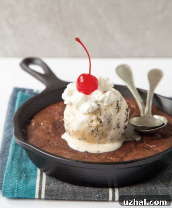 Warm Brownie Sundae served in a cast iron skillet