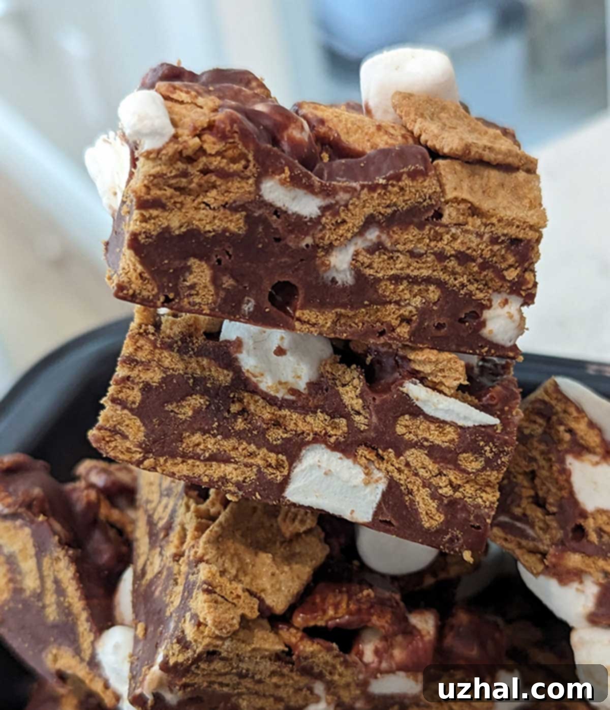 Close-up of freshly made Indoor S'mores bars, showing the visible Golden Grahams cereal and soft marshmallows peeking through the chocolatey mix.