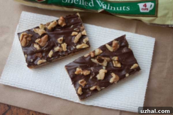 walnut toffee bars with melted chocolate and toasted nuts