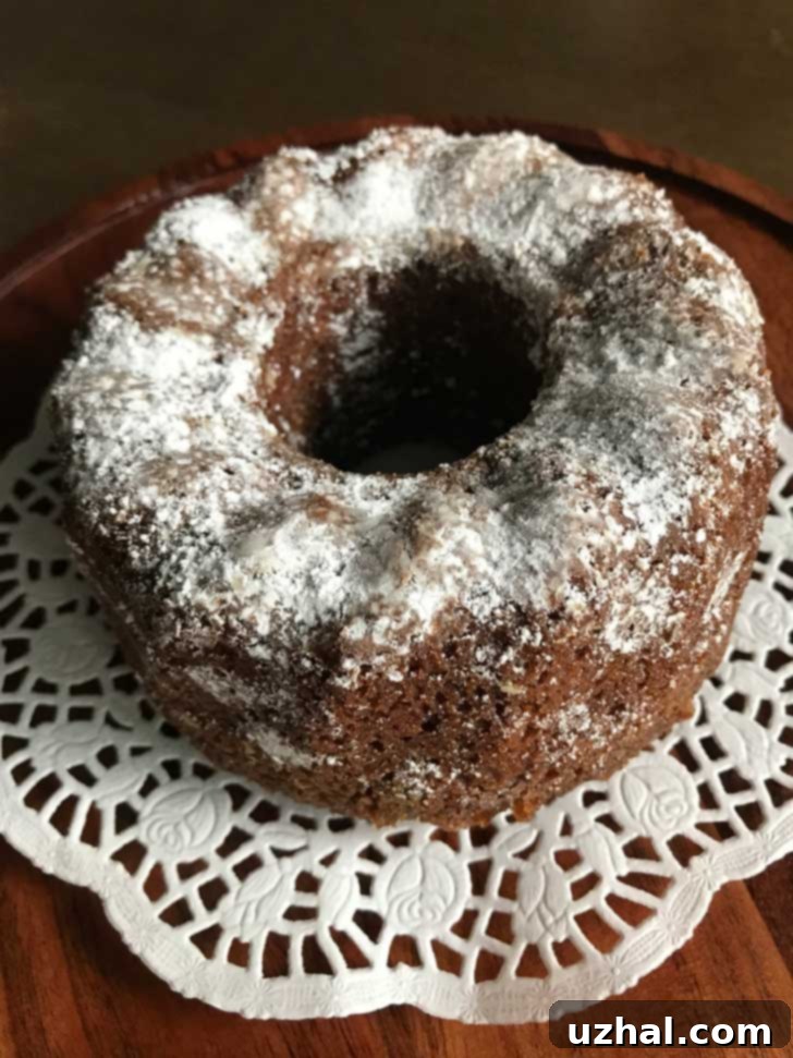 Instant Pot Applesauce Cake baked in a small Bundt pan, dusted with powdered sugar