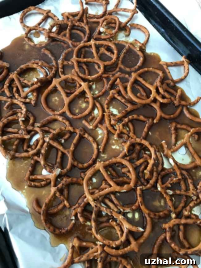 Close-up of baked pretzel toffee with melted chocolate and chopped pecans.