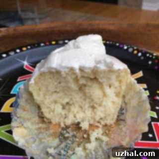 A frosted vanilla cupcake on a plate, ready to be enjoyed.