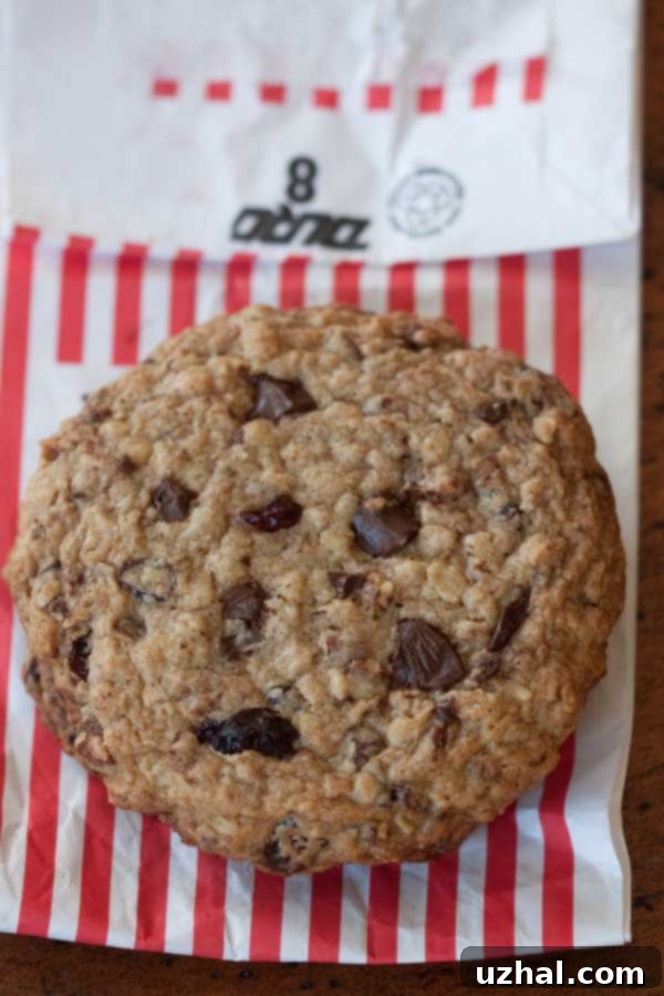 Martha Bakes Kitchen Sink Cookies with a red and white paper bag in the background, showcasing their impressive size.
