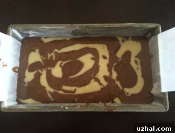 Unbaked marbled olive oil cake batter in a loaf pan