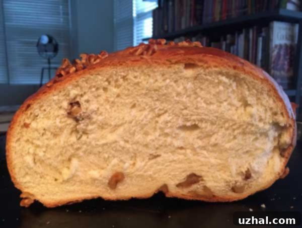 A close-up of a rustic Rosemary Walnut Bread, showcasing its golden crust and visible herbs.