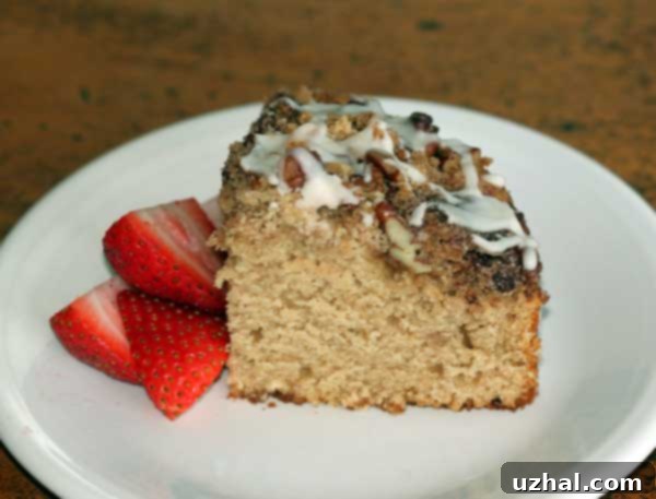 Close-up of the streusel topping on a baked Cowboy Coffee Cake with pecans and cinnamon sugar